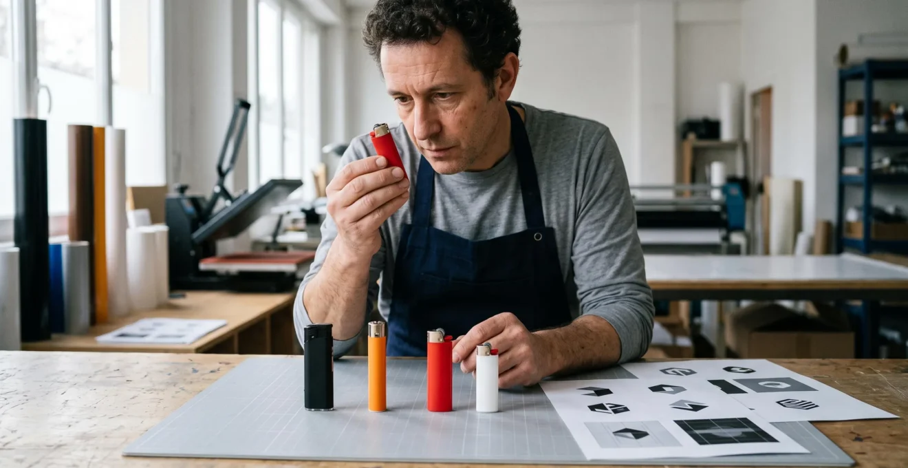 Une spécialiste examine quatre modèles de briquets jetables de tailles et couleurs différentes posés sur un plan de travail dans un atelier de personnalisation.