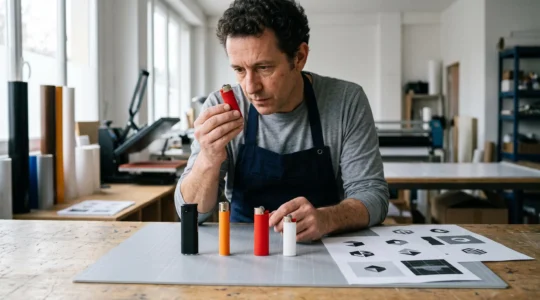 Une spécialiste examine quatre modèles de briquets jetables de tailles et couleurs différentes posés sur un plan de travail dans un atelier de personnalisation.