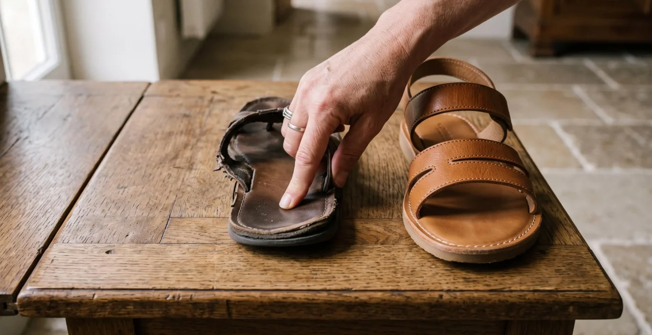 Comparaison en gros plan entre une sandale usée à la semelle déformée et une sandale en cuir de qualité à la couture intacte.