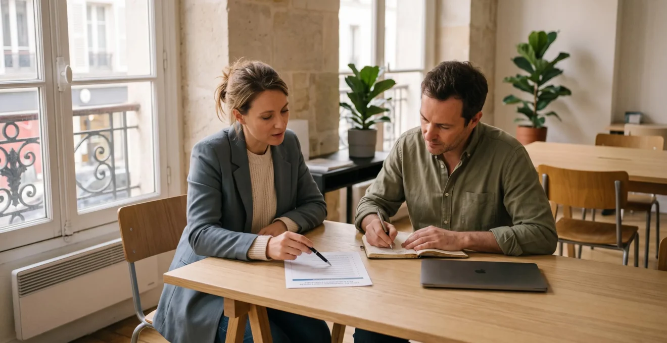 Un comptable et un chef d'entreprise examinent ensemble une liste d'étapes de mise en conformité à la facturation électronique dans un espace de coworking.
