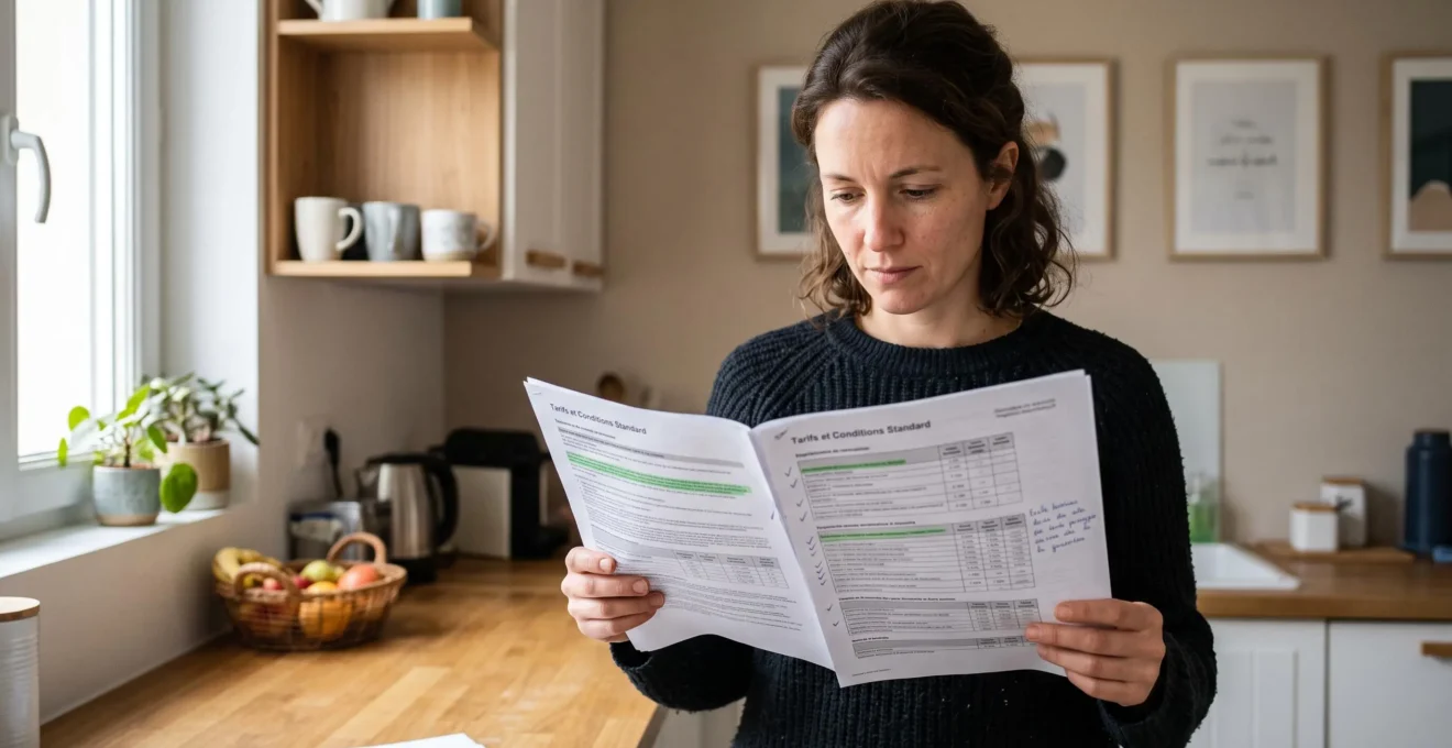 Personne debout consultant attentivement une brochure tarifaire bancaire dans un intérieur domestique.