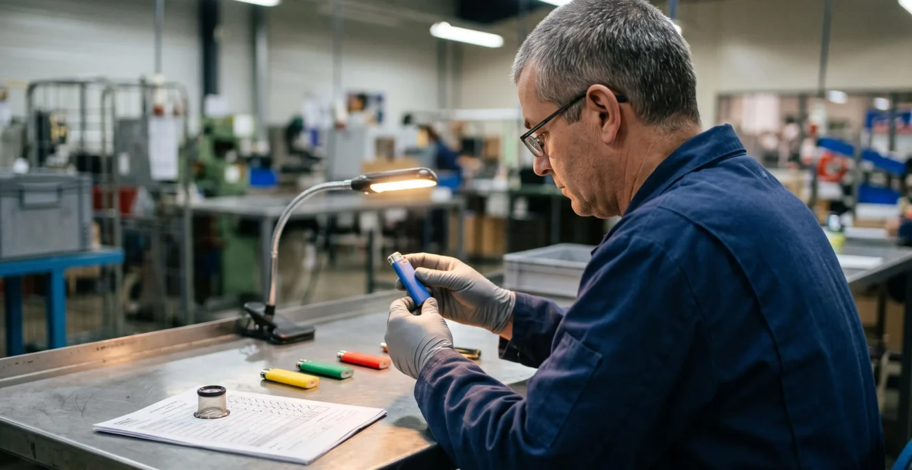 Un contrôleur qualité examine un briquet personnalisé sous une lampe d'inspection posée sur une table en acier inoxydable.