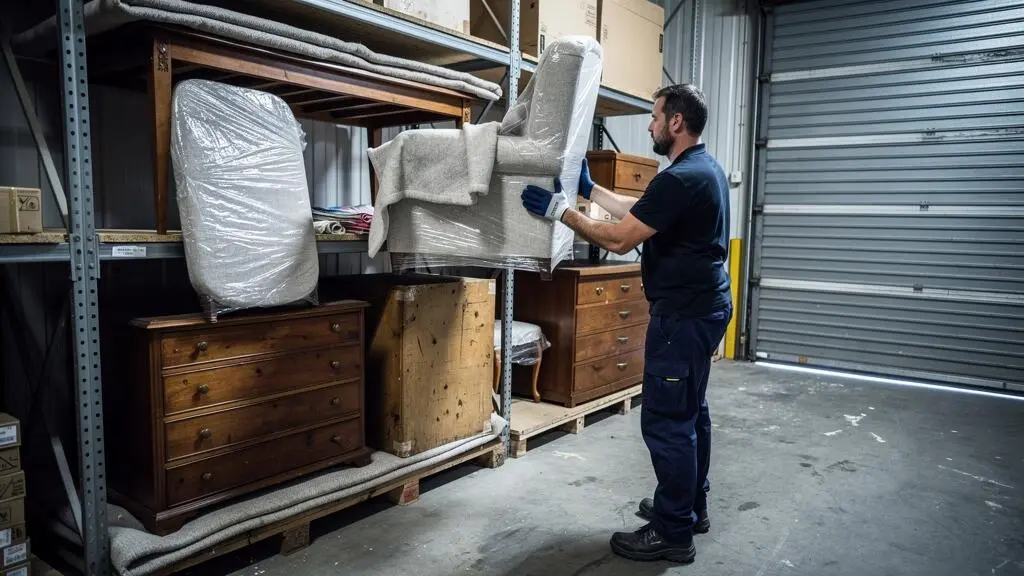 Un déménageur range des meubles emballés dans un garde-meuble spacieux avec des couvertures de protection.