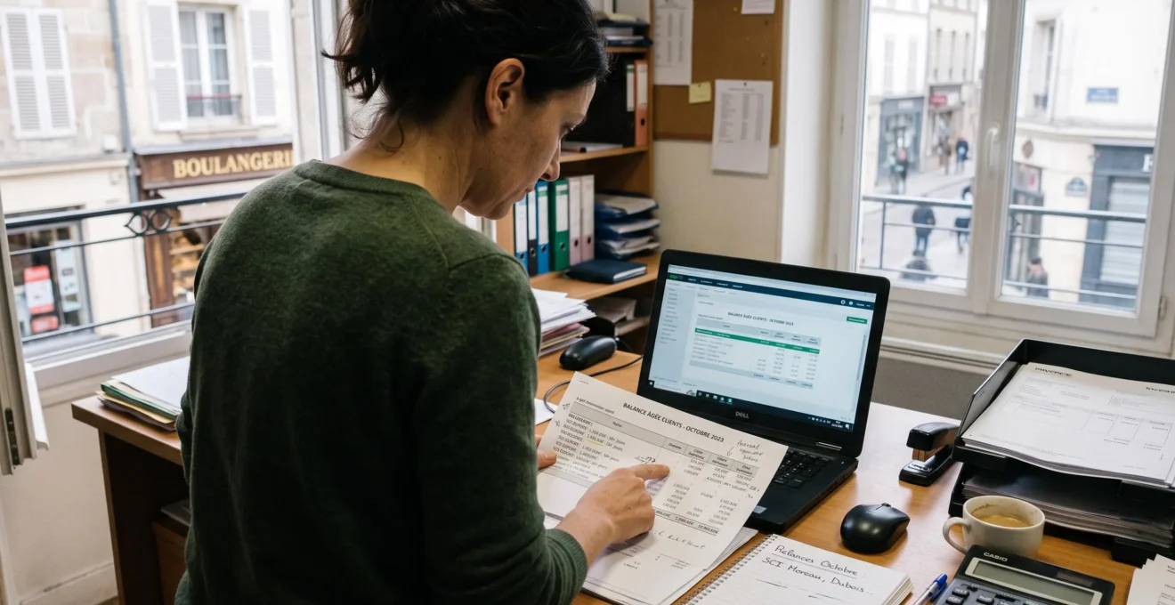 Une dirigeante de PME examine une balance âgée imprimée à côté de son ordinateur portable dans son bureau.