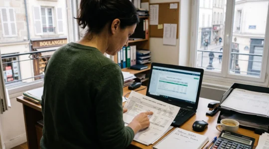 Une dirigeante de PME examine une balance âgée imprimée à côté de son ordinateur portable dans son bureau.