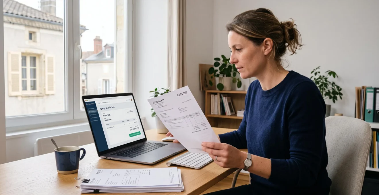 Une dirigeante de petite entreprise compare une facture papier avec une plateforme de facturation électronique sur son ordinateur portable dans son bureau.