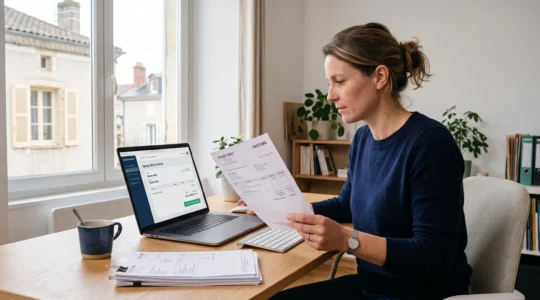 Une dirigeante de petite entreprise compare une facture papier avec une plateforme de facturation électronique sur son ordinateur portable dans son bureau.