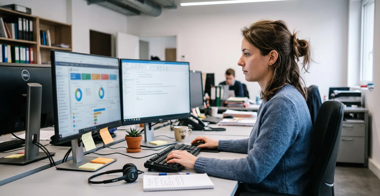Une employée administrative travaille sur un logiciel de gestion clients devant deux écrans dans un bureau.