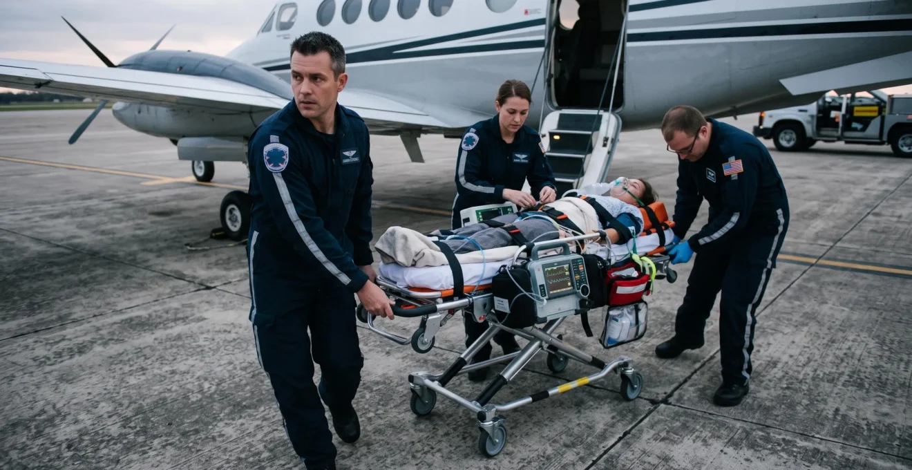 Équipe médicale spécialisée transférant un patient sur civière médicalisée vers un véhicule de transport sanitaire sur le tarmac d'un aéroport.