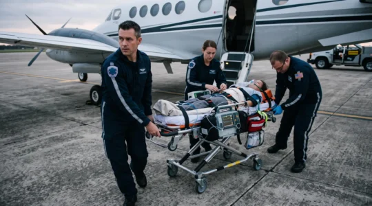 Équipe médicale spécialisée transférant un patient sur civière médicalisée vers un véhicule de transport sanitaire sur le tarmac d'un aéroport.