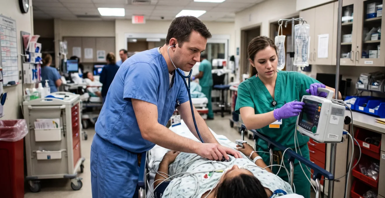 Équipe médicale d'urgence prodiguant des soins à un patient dans un service d'urgences hospitalières avec équipement de monitoring.