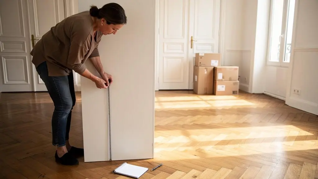 Une femme mesure un grand placard au mètre ruban dans un salon vide avant un déménagement avec stockage.