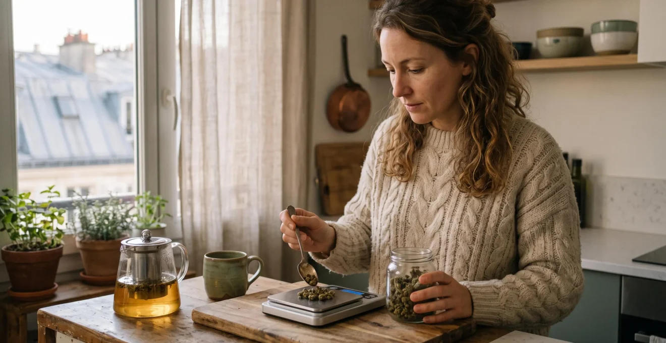 Femme pesant une petite quantité de fleur de CBD séchée sur une balance de cuisine dans une cuisine française.
