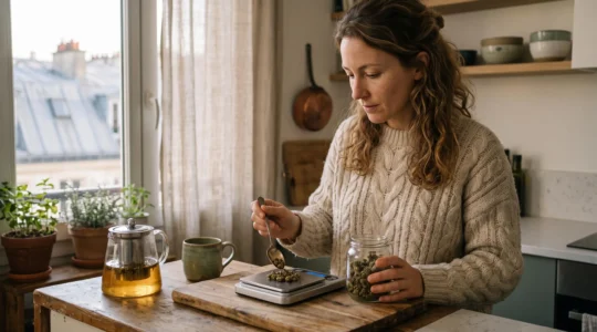 Femme pesant une petite quantité de fleur de CBD séchée sur une balance de cuisine dans une cuisine française.