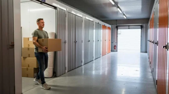 Un homme porte un carton de déménagement vers un box de self-stockage dans un couloir d'équipement de garde-meuble.