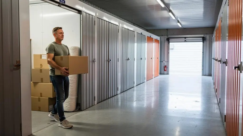 Un homme porte un carton de déménagement vers un box de self-stockage dans un couloir d'équipement de garde-meuble.