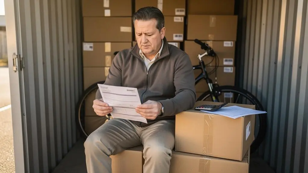 Un homme relit un contrat de location assis sur des cartons dans un box de self-stockage.
