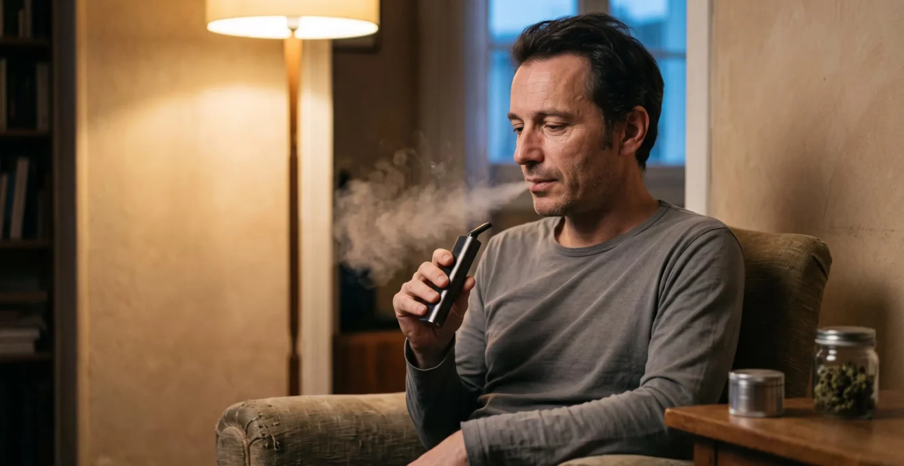 Homme utilisant un vaporisateur portable de fleur de CBD dans un salon au décor feutré en soirée.