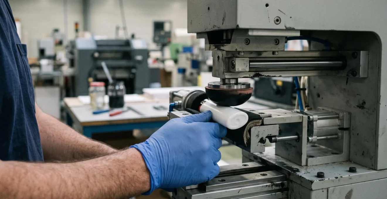 Gros plan sur les mains gantées d'un opérateur positionnant un briquet blanc dans une machine d'impression industrielle lors du transfert du logo.