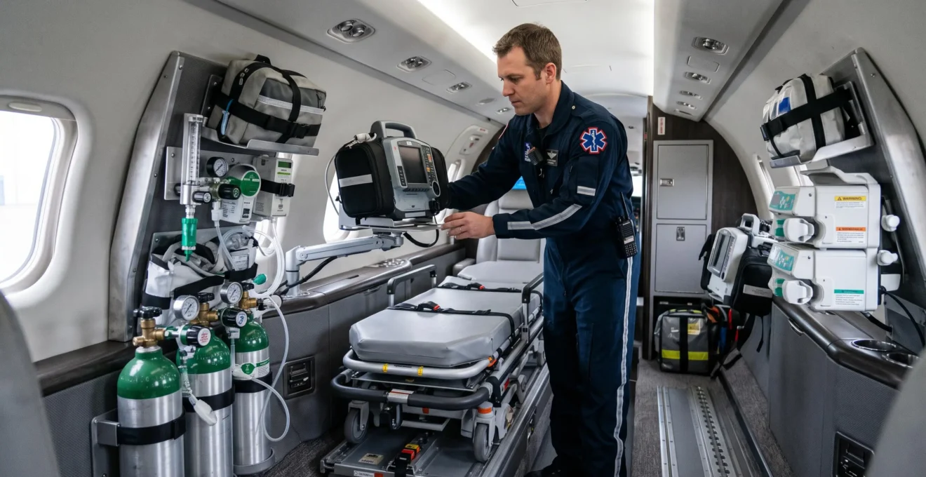 Intérieur d'un avion médicalisé équipé pour le rapatriement sanitaire avec civière, systèmes de monitoring et équipement médical spécialisé, paramédic en inspection.