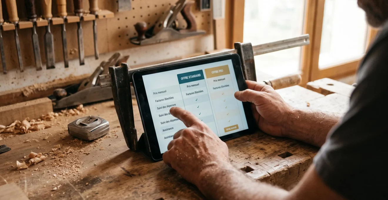Les mains d'un menuisier comparent des offres de Plateforme Agréée sur une tablette posée sur son établi d'atelier.