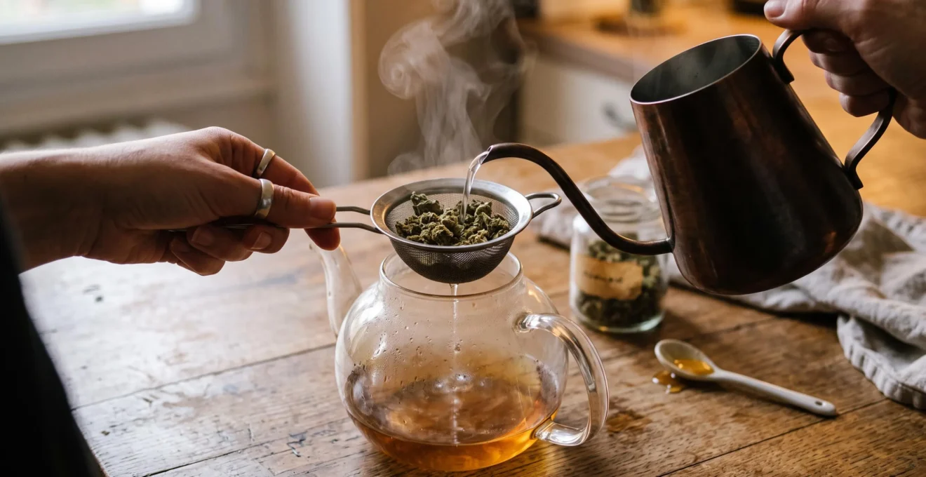 Mains versant de l'eau chaude dans une théière contenant une infusion de fleur de CBD, vapeur montante.