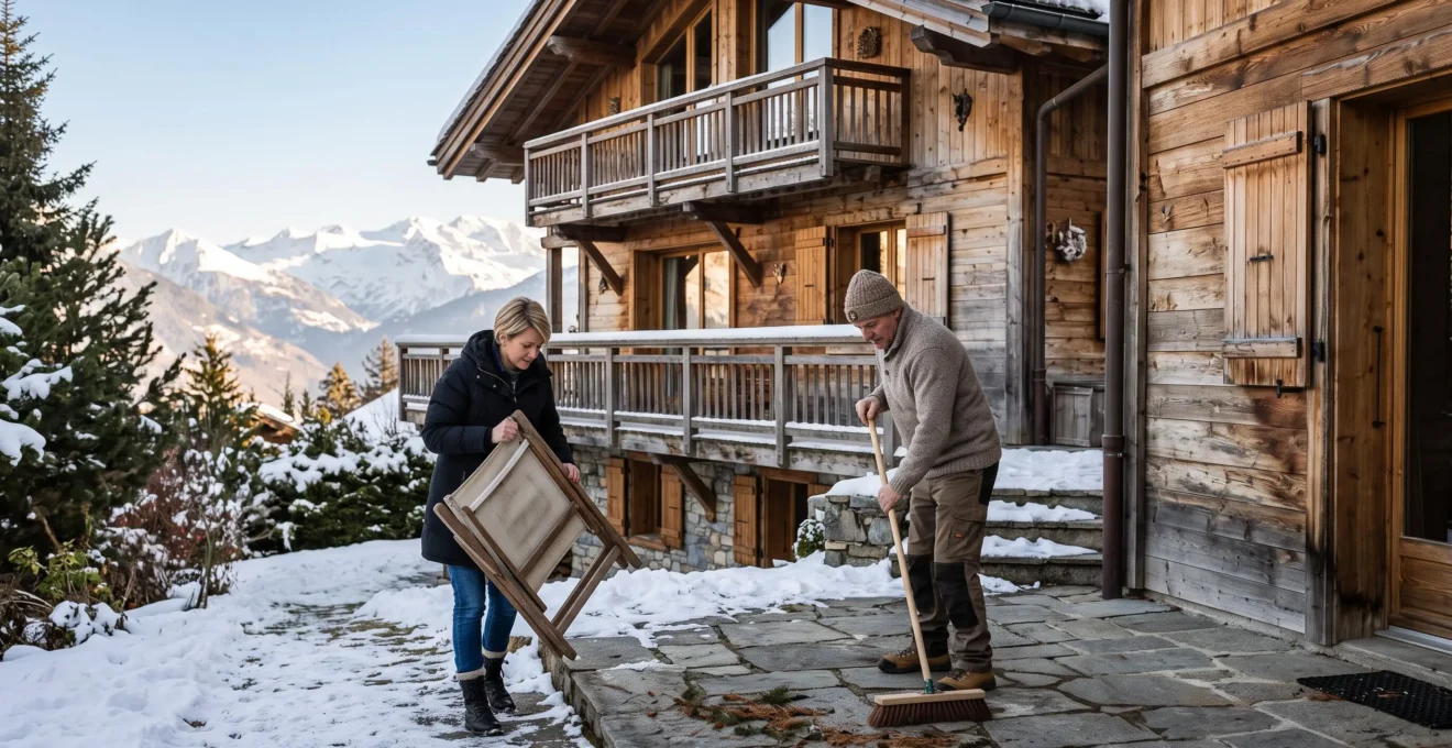 Deux personnes préparent la terrasse en pierre d'un chalet aux Gets avant la mise en vente, avec les sommets enneigés au loin.