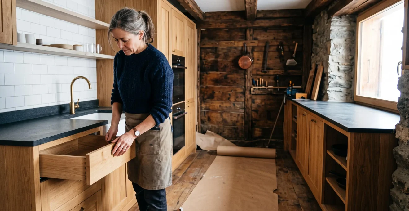 Une propriétaire ouvre un tiroir pour vérifier la finition d'une cuisine neuve installée dans un chalet en rénovation.