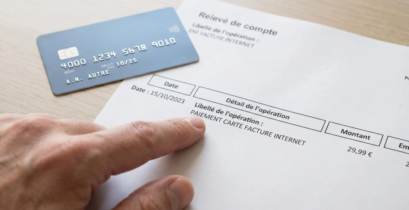 Gros plan sur une main consultant un relevé bancaire posé à côté d'une carte bancaire sur une surface neutre.