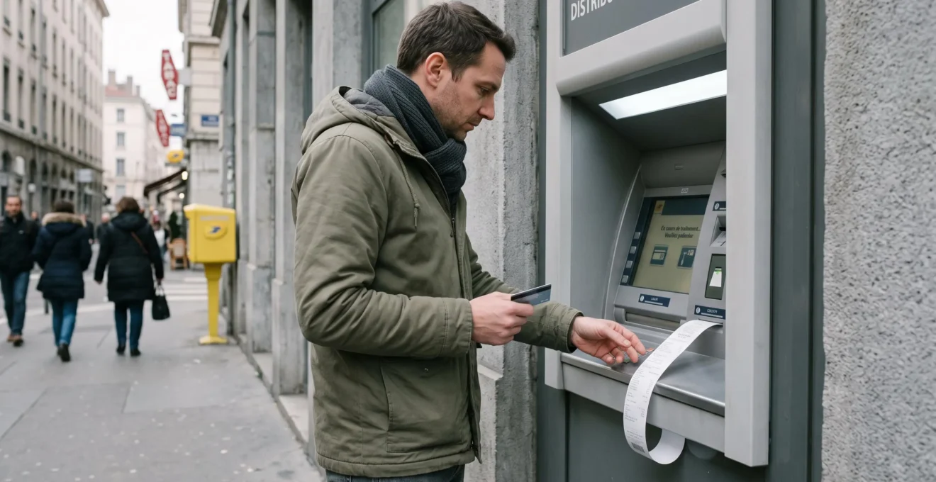 Personne effectuant un retrait d'espèces à un distributeur automatique en France, le reçu de transaction sortant de la fente.