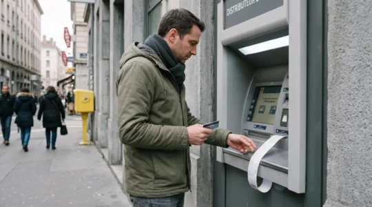 Personne effectuant un retrait d'espèces à un distributeur automatique en France, le reçu de transaction sortant de la fente.