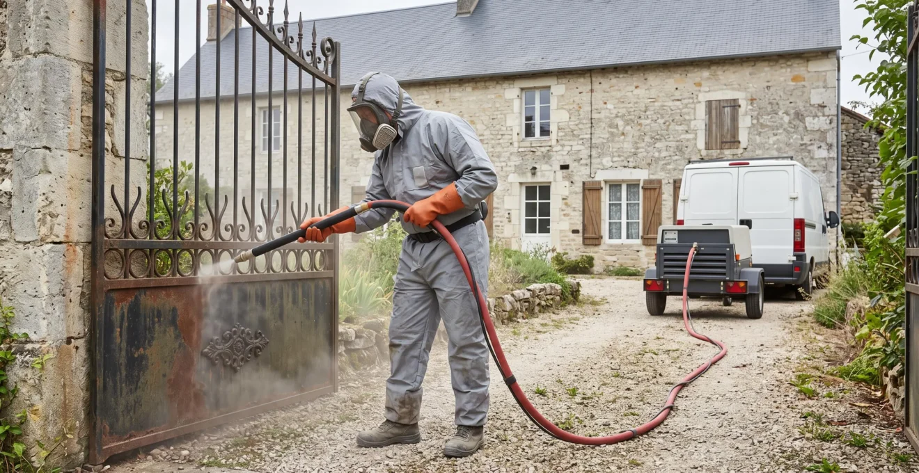 Un technicien équipé de protection décape au sablage un portail en fer forgé devant une maison en pierre.