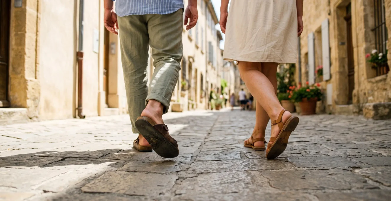 Un homme et une femme marchant dans une rue pavée ensoleillée, portant des sandales en cuir visibles en pleine foulée.