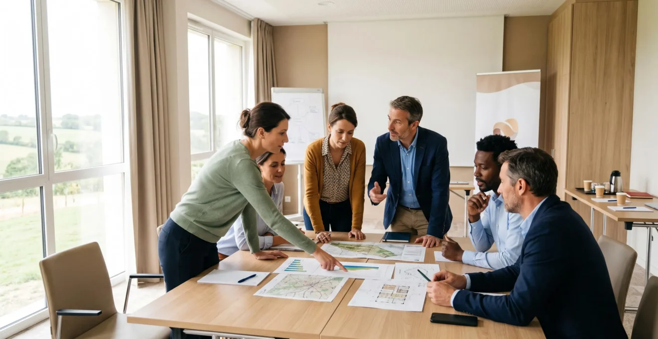 Groupe de professionnels en séminaire collaboratif dans une salle lumineuse d'hôtel en Vendée