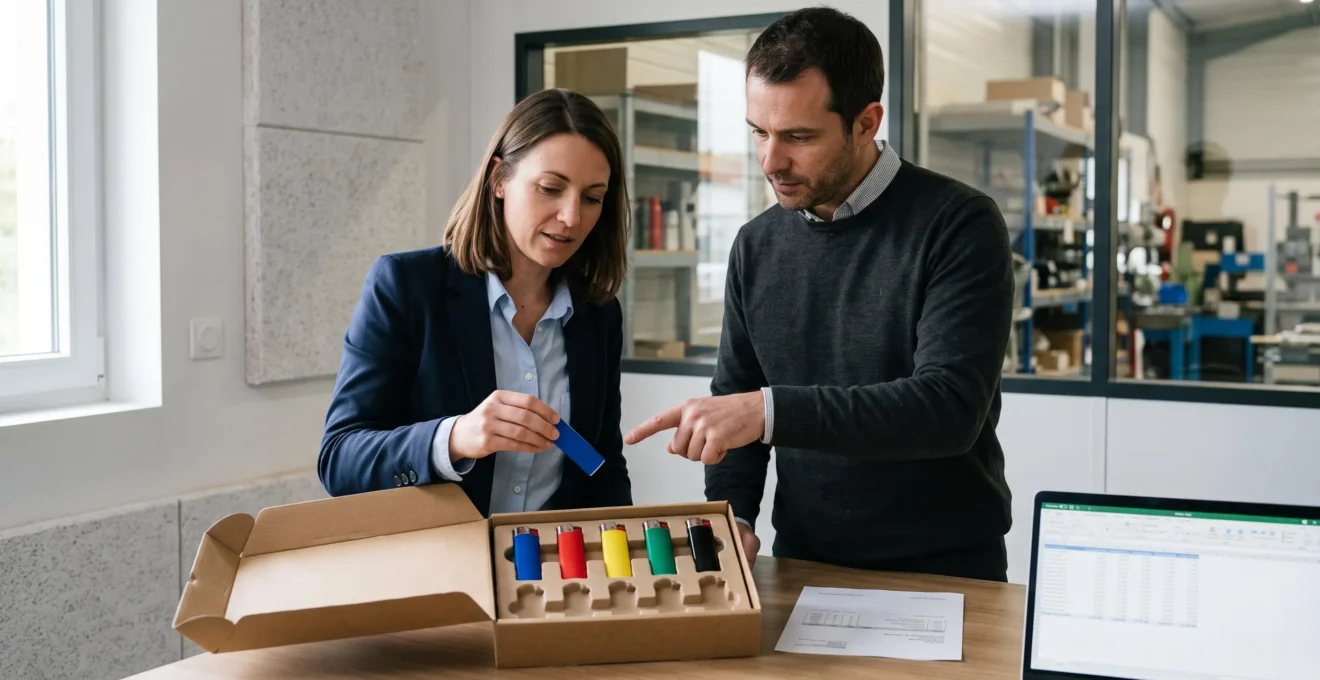 Deux collègues examinent ensemble une boîte d'échantillons de briquets de couleurs variées posée sur une table de réunion.