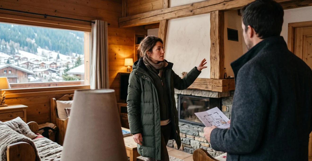 Agent immobilier présentant le séjour avec cheminée en pierre d'un chalet à un acheteur lors d'une visite.
